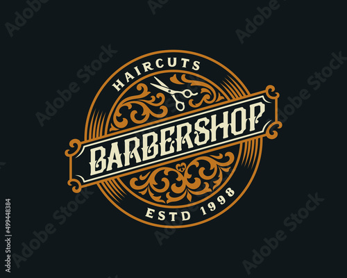 Barbershop vintage Luxury frame Logo Badge with flourish Victorian Ornament
