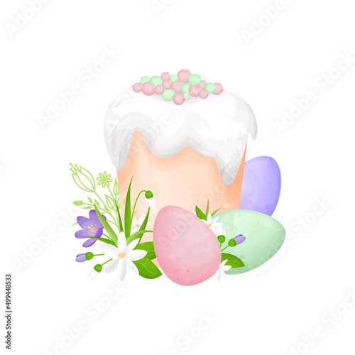 Easter with Easter cake and three colored eggs in spring colors