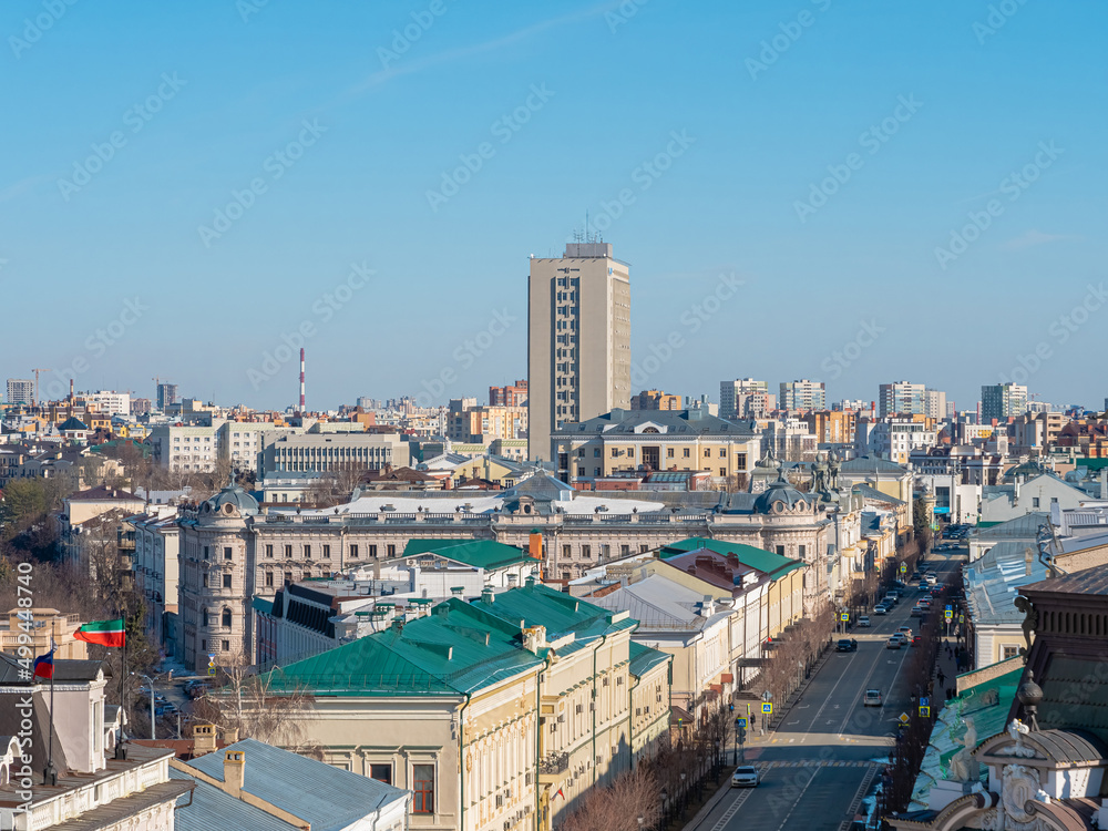 Magical view from the Spasskaya Tower of the Kazan Kremlin. Main street of the city. Kremlin Street.