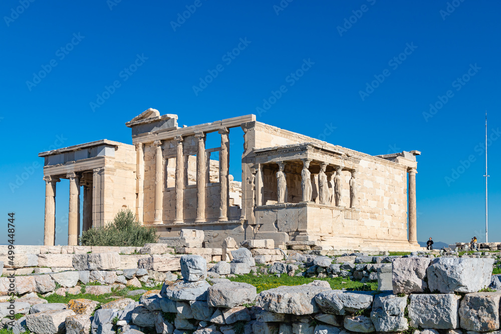 ATHENS, GREECE - DECEMBER 20, 2021: Caryatides, Erechtheion temple Acropolis