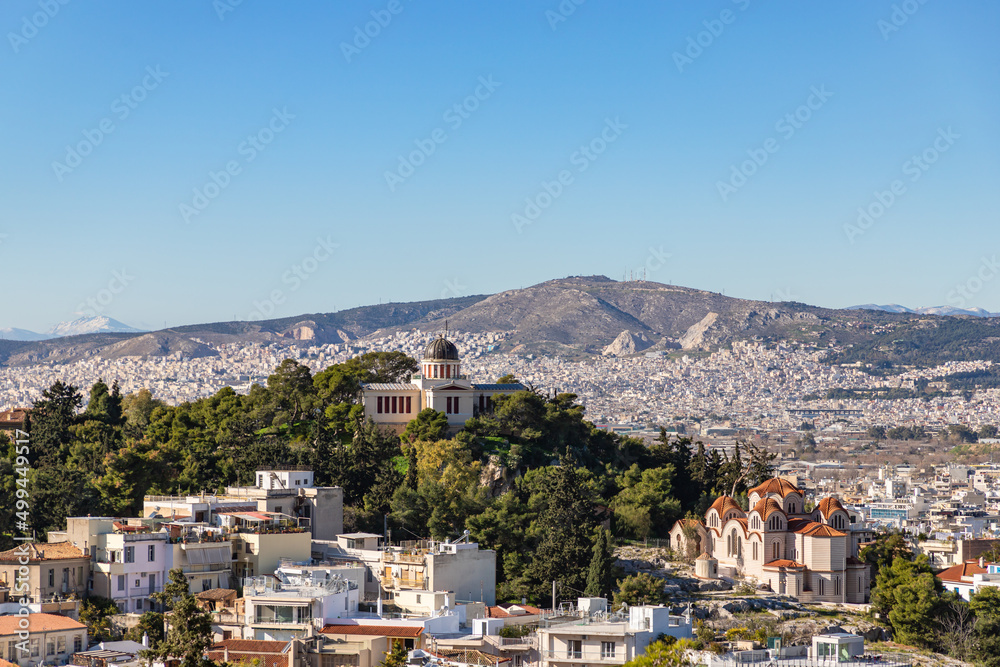 Areopagus hill and aerial view of Athens from Acropolis, Greece