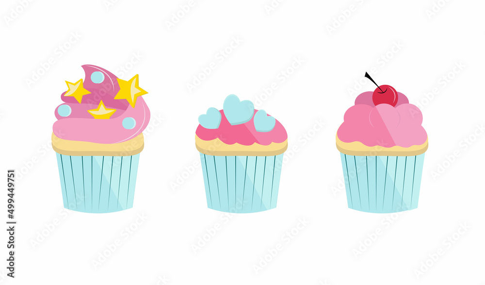 Cupcake with icing. Three types cupcake with cream and decoration.Cartoon style vector illustration.