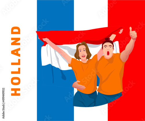 Holland football team fan. People raising flags. Holland flag. World cup.