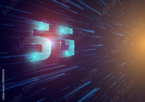 5G symbol with blue abstract futuristic background. 5th generation of wireless internet connection. Digital Global network high-speed technology concept.