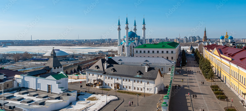 Panoramic view of the Kazan Kremlin. Magical view from the Spasskaya Tower of the Kremlin. A view of the fortress walls and the circus