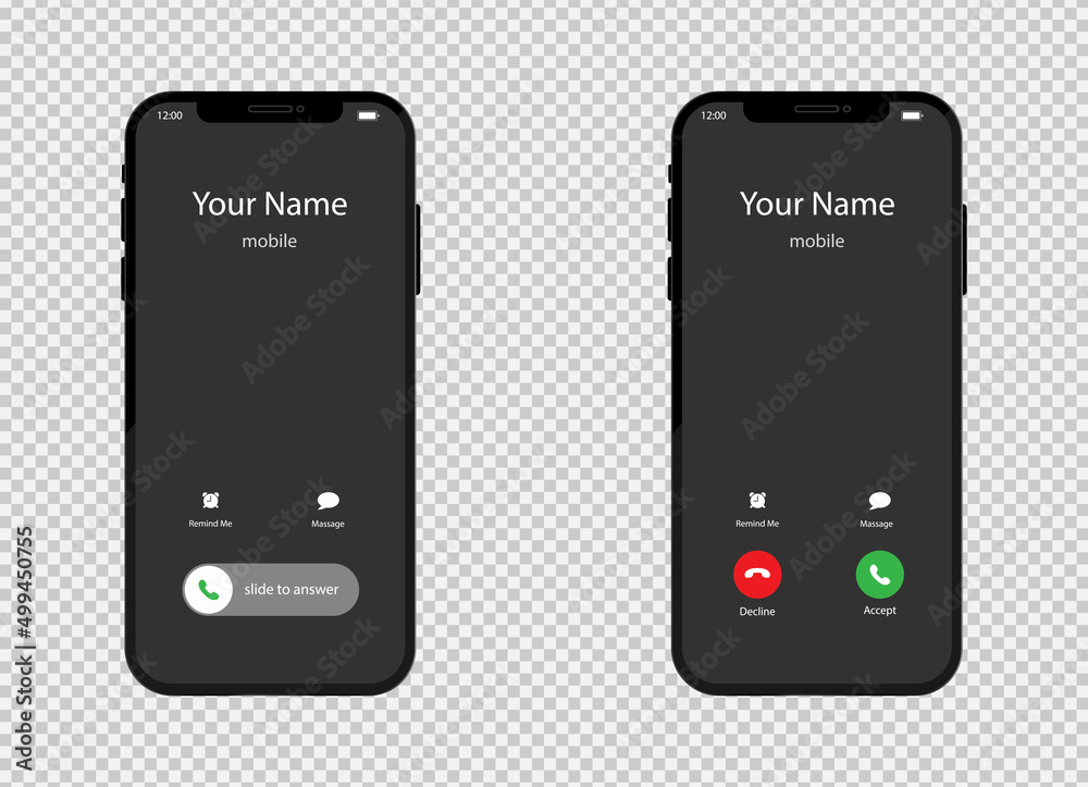 Phone screen, call button and icon. Smartphone and app design, smart technology. Illustration of incoming call and connection. Vector. - obrazy, fototapety, plakaty 