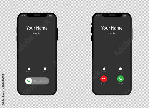 Phone screen, call button and icon. Smartphone and app design, smart technology. Illustration of incoming call and connection. Vector.