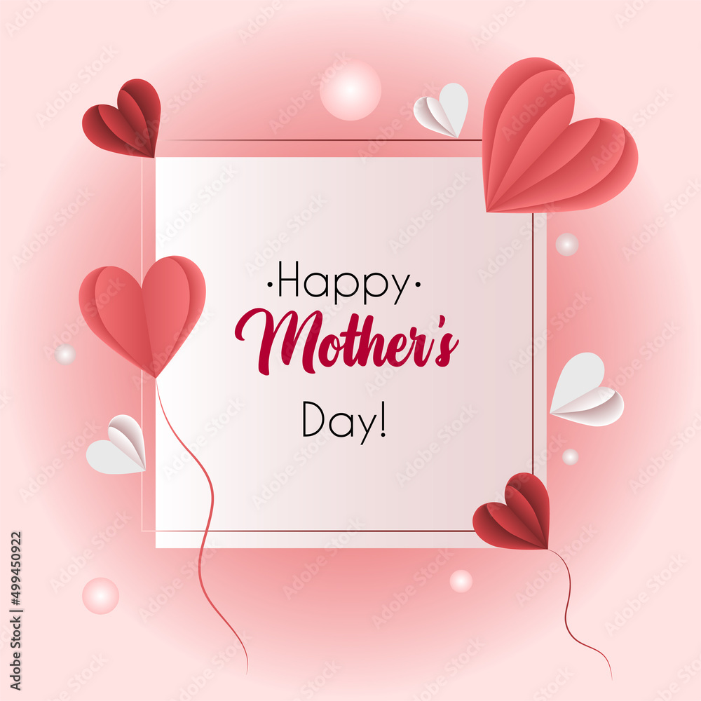  Vector holiday postcard for Mother's Day with volumetric hearts in paper-cut style on light pink background