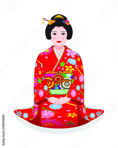 Geisha  or maiko - cute Japanese young woman or lady or teen sitting and dress in beautiful flower pattern Japan Kimono uniform drawing in cartoon vector