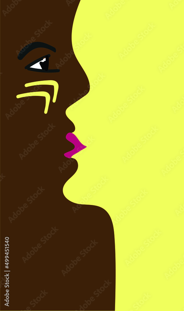 Abstract background African man looks at a woman. A woman without a face. Handmade brush. Digital vector illustration. Poster. Advertising. Print 