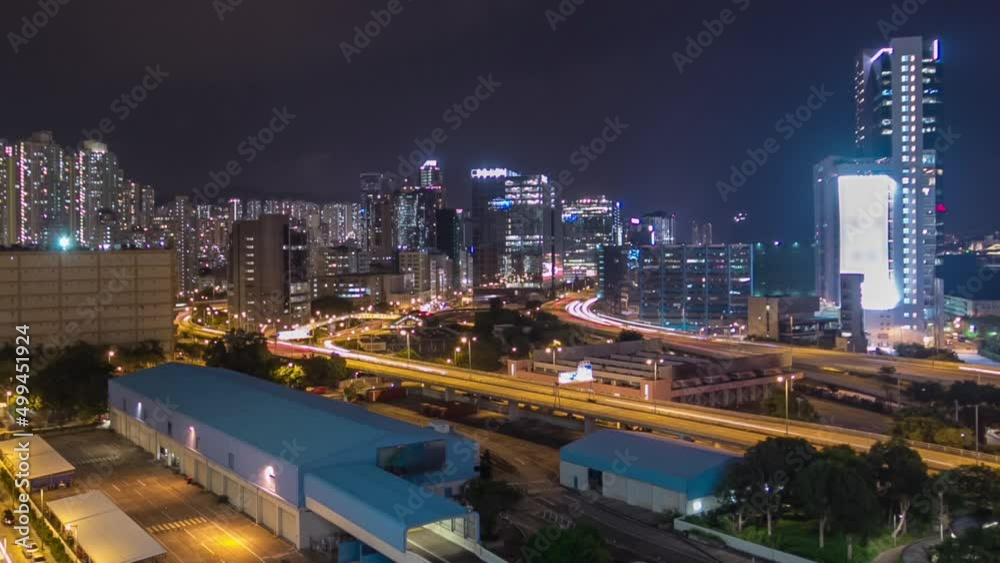Aerial view of busy traffic night in finance urban timelapse hyperlapse with panorama of city buildings, hong kong city Aerial view of busy traffic night in finance urban timelapse hyperlapse with panorama of city buildings, hong kong city