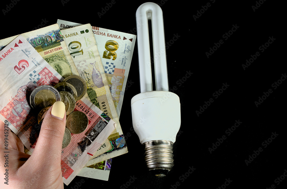 The concept of the cost of electricity. Electric lamp and money of Bulgarian levs The concept of the cost of electricity. Electric lamp and money of Bulgarian levs