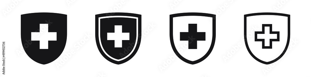 Immune system icon. Medical cross in the shield. Vector illustration.