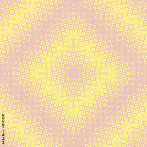 Vector halftone seamless pattern. Trendy abstract geometric background with curved shapes  leaves  drops. Funky summer yellow and pink texture with gradient transition effect. Repeat decorative design