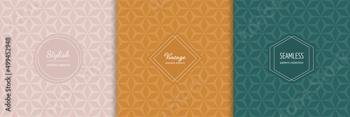 Vector abstract seamless pattern collection with stylish labels, badges. Trendy cover designs. Abstract texture with geometric floral ornament. Background templates for decor, print, product package