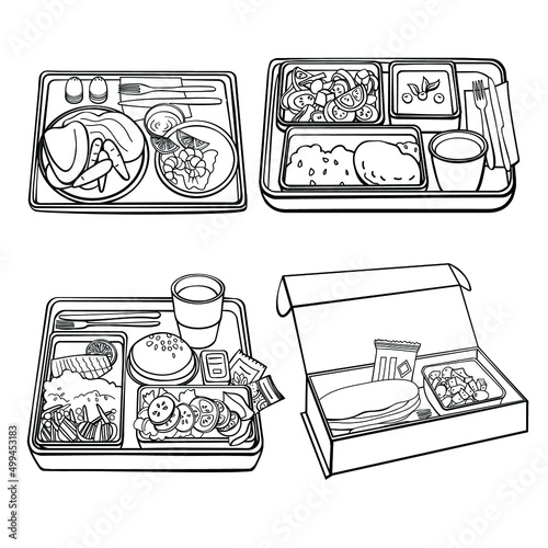 Lunch box on the plane: container, fast food, tea, salad, main course, dessert, cutlery, napkins. Sketch vector objects. Line set food. photo
