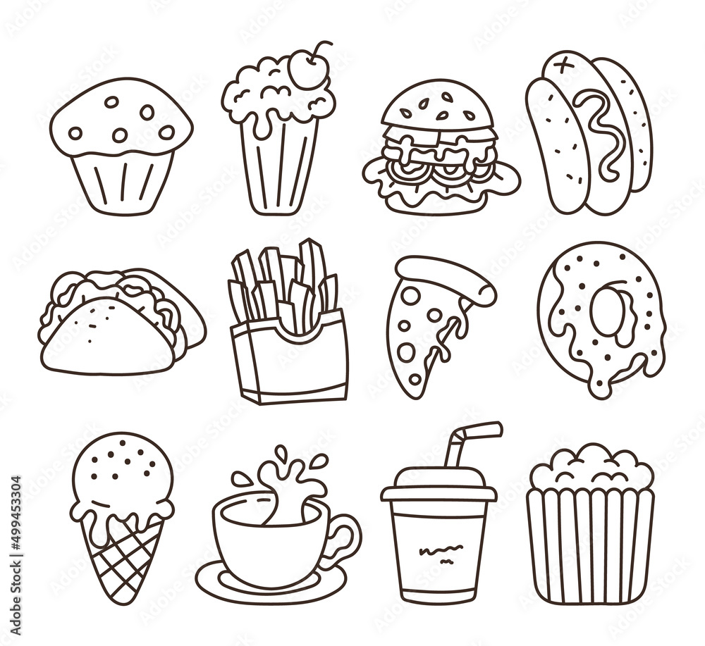 Fast street food line art isolated set collection. Vector flat cartoon