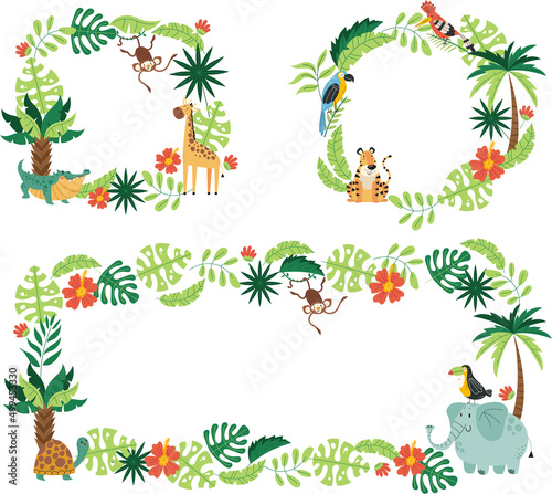 Jungle tropical animal frame border collection. Vector flat cartoon design element illustration