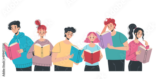 People students friends characters reading book concept. Vector flat cartoon design element illustration