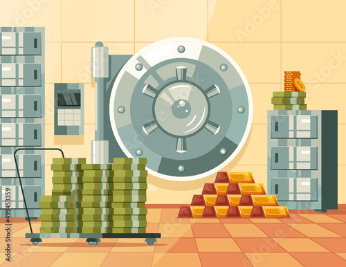 Bank safe room witn money concept. Vector flat cartoon design element illustration
