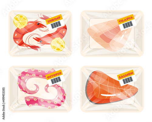 Seafood fillet slice packing in plastic pack design element collection. Vector flat cartoon design element illustration
