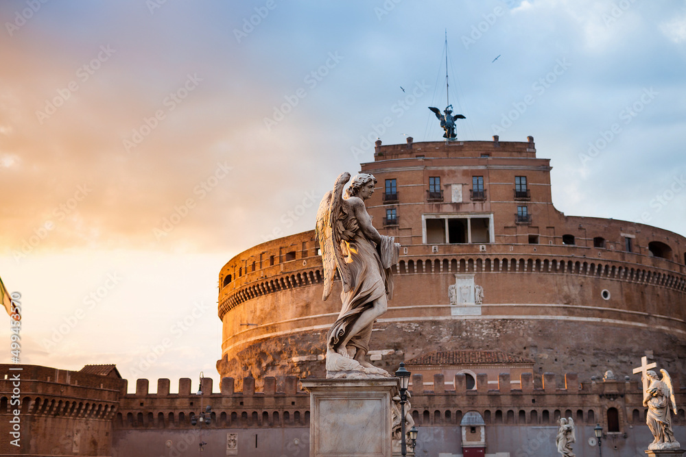 Amazing Castel Sant Angelo in Rome at sunset. Selective focus on sculpture Amazing Castel Sant Angelo in Rome at sunset. Selective focus on sculpture