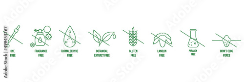 cosmetic cream packaging icon set dye-free, fragrance-free, formaldehyde-free,  botanical extracted free, gluten-free, lanolin-free, paraben-free, won't clog pores 