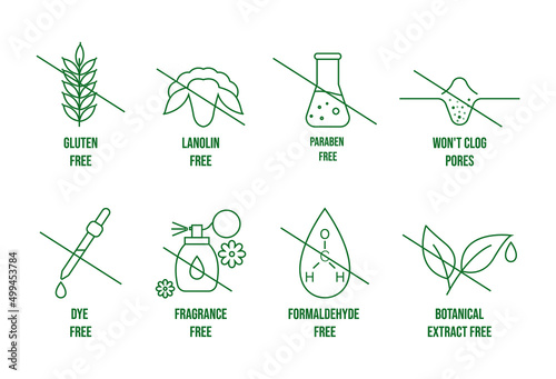 cosmetic cream packaging icon set dye-free, fragrance-free, formaldehyde-free,  botanical extracted free, gluten-free, lanolin-free, paraben-free, won't clog pores 