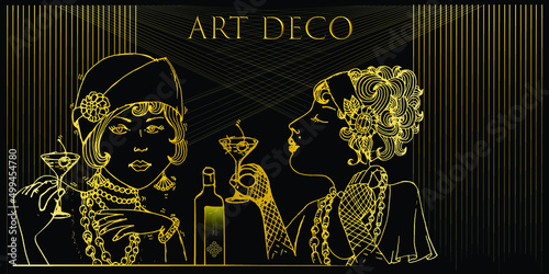 Gatsby women drinking wine or cocktails in the luxury bar. Vintage glamour of the 20's. Flapper girls. Art Deco woman. Menu in the bar or in the restaurant. Retro party invitation card. Sketch vector