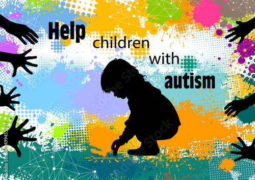 Help children with autism. Silhouette of a child drawing on the pavement. Vector illustration