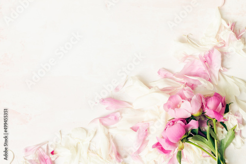 Border of Beautiful pink and white peony flowers on wooden table with copy space for your text top view and flat lay style