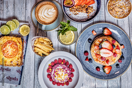 Wallpaper Mural College of Breakfast Assortiment with pancakes, eggs, coffee  Torontodigital.ca