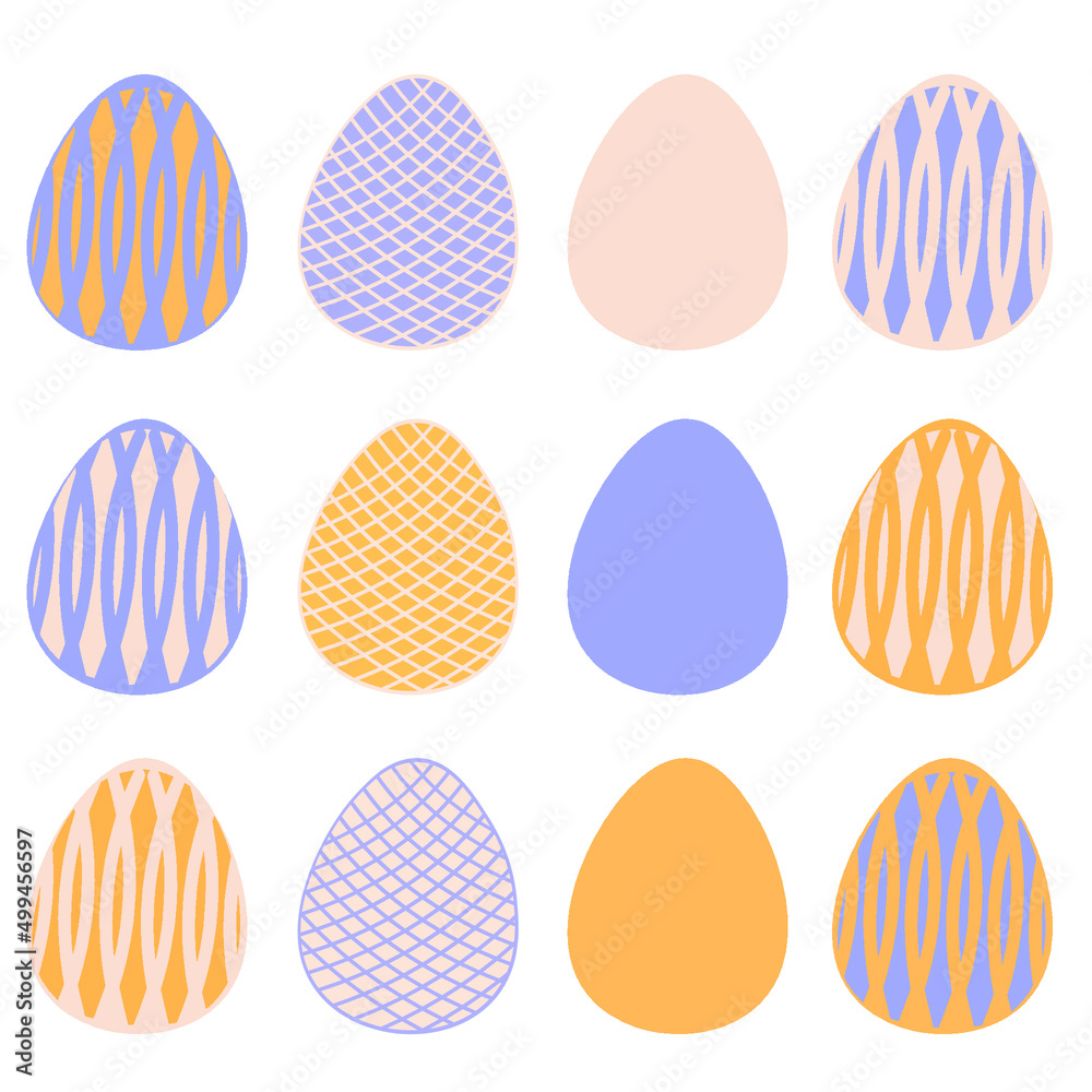 Set of Easter eggs with colorful geometric patterns, vector illustration.