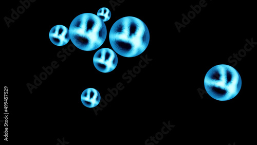 Rotating spheres with energy lines on abstract black background, seamless loop. Design. Spinning blue translucent molecules.