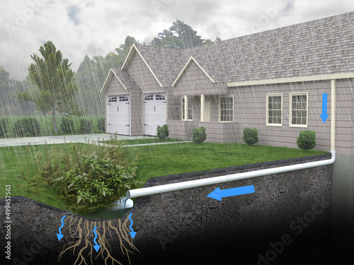 A diagrammatic 3D illustration of a Rain Garden drainage system. Rainwater run-off is diverted from the gutters into an underground pipe to a small retention garden area where it is absorbed.  photo