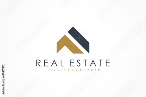Black and Gold Initial Letter M Real Estate Logo Image on White Background. Flat Vector Logo Design Template Element for Construction Architecture Building Logos.