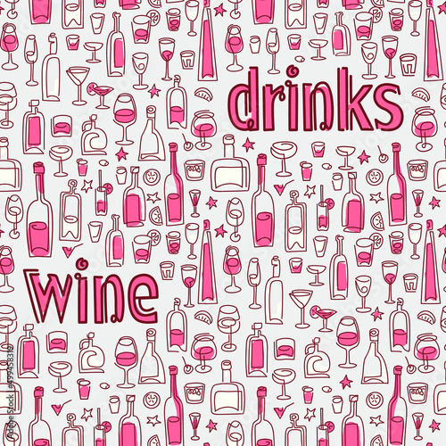 Wine and drinks seamless vector pattern. line art Wine bottle and wine glass vector illustration. Drink wine bar tile background