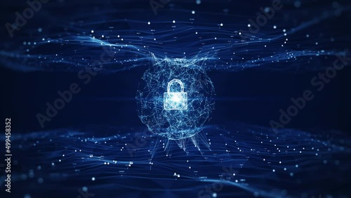 Cybersecurity and Big Data Protection Concept Video. prominent circle in the middle Small padlock binary polygon wave acts as a slow moving upper and lower interconnection with dark blue background.
