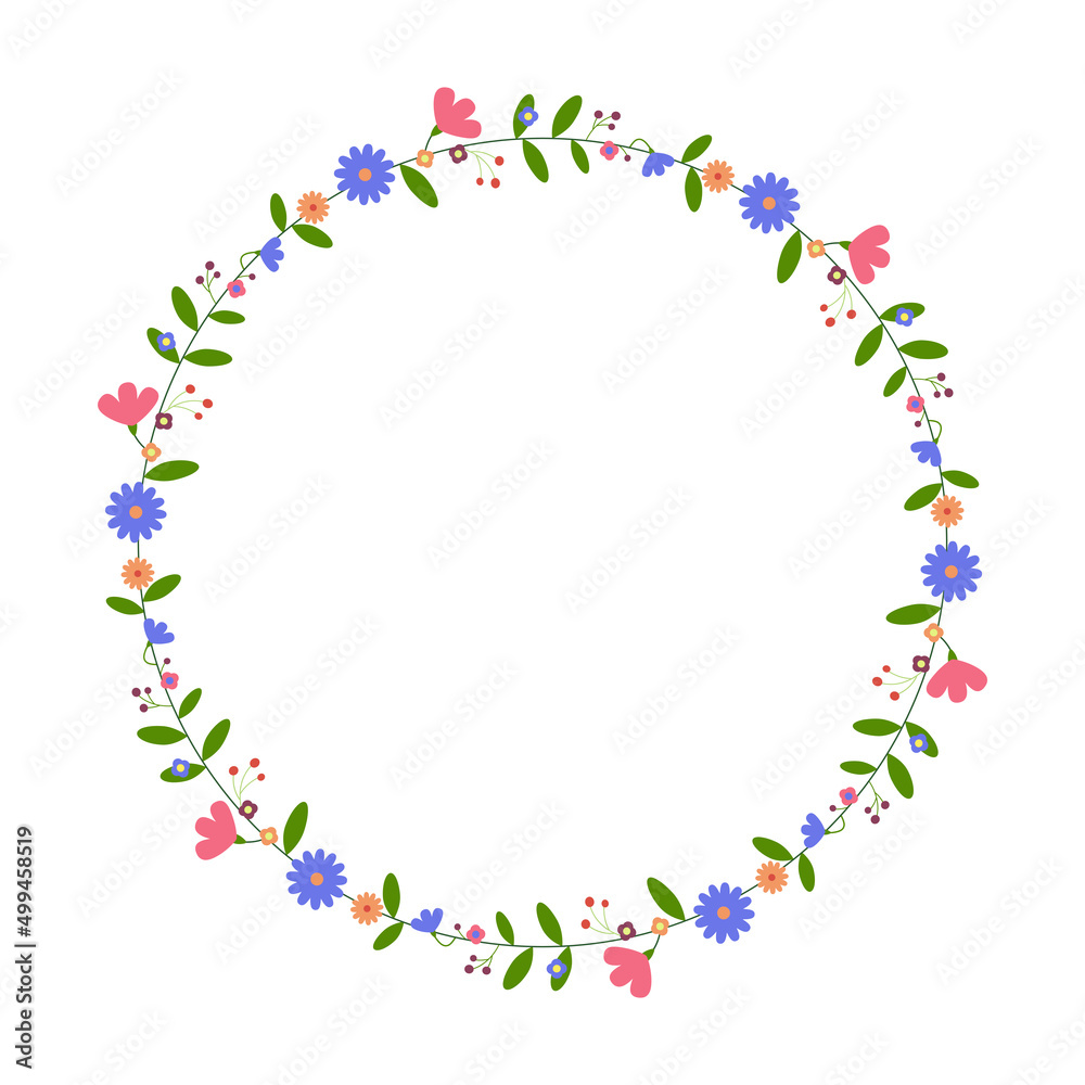 Round flower frame. Floral wreath. For Easter greeting card, wedding , birthday card, invitation. Vector illustration. Round flower frame. Floral wreath. For Easter greeting card, wedding , birthday card, invitation. Vector illustration.