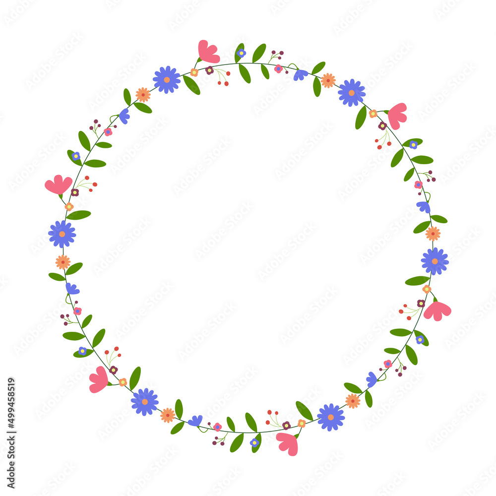 Round flower frame. Floral wreath. For Easter greeting card, wedding , birthday card, invitation. Vector illustration.