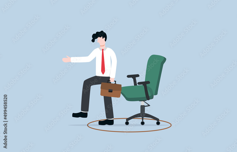 Get out of comfort zone, change career path, resign present job to find new job according to decision or call of heart concept. Businessman employee stepping out of circle around office chair.