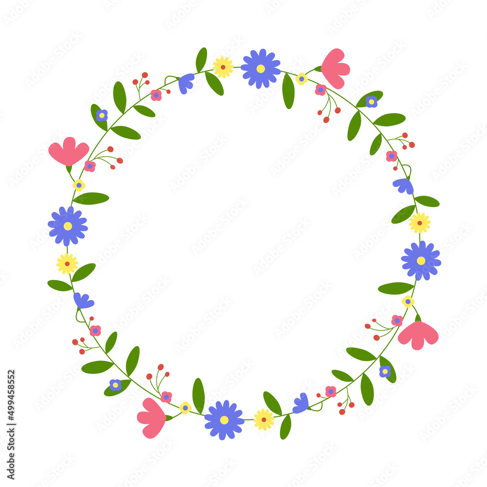 Round flower frame. Floral wreath. For greeting card, wedding , birthday card, invitation. Vector illustration.