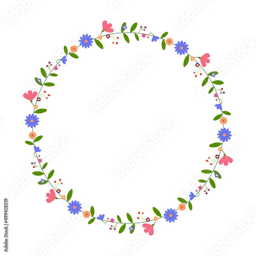 Round flower frame. Floral wreath. For Easter greeting card, wedding , birthday card, invitation. Vector illustration.