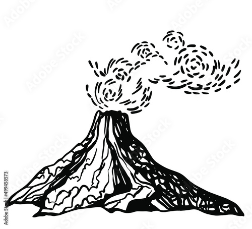 Volcano eruption with smoke in the sky. Hand drawn vector sketch in engraved style. Mountain doodle in monochrome minimalistic style. scribble illustration
