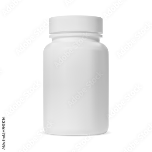 Pill bottle. White medicine supplement jar, isolated vector. Aspirin capsule box template. Medical antibiotic tablet bottle, drug medicament. Relistic pharmaceutical container on white background