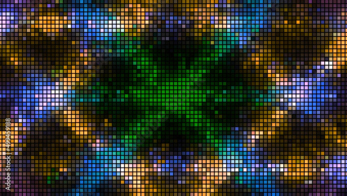 Hypnotic pattern of vibrating pixels. Motion. Pixels move to represent triangular pattern. Pixel pattern with vibrating radiations