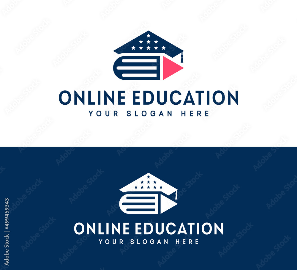 Fototapeta premium Online Education Vector Illustration. Hat, Book, Pen, Pencil, Stars and Play Button. Education Icon Concept White Isolated. Flat Design Suitable for Web, Banner, Flyer, Sticker, Card, Background.