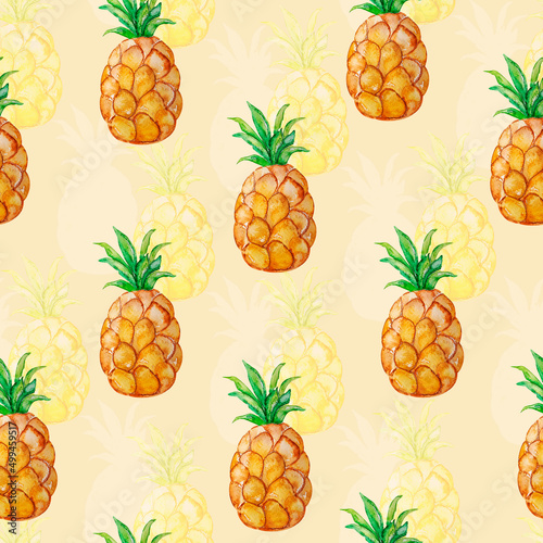 Pineapple watercolor seamless pattern. Template for decorating designs and illustrations.