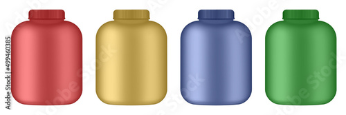 Realistic vector sport nutrition containers without label. Whey protein and mass gainer plastic jar isolated on white background. Red, green, gold and blue jars.