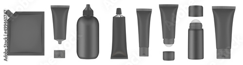 Set of black tubes and bottles. Roller ball tube. Body antiperspirant deodorant roll-on, open and closed blank tubes with screw cap. Realistic mockup. Eye Cream Roll Ball. Applicator. Spouted pouch